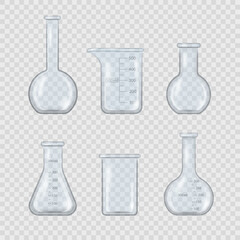 Realistic lab beaker, glass flask and other chemical containers, 3D measuring medical equipment isolated on transparent background. Empty chemical laboratory equipment in realistic style. Vector