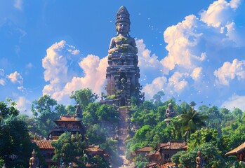 A majestic statue of Buddha stands tall amidst a lush green forest, surrounded by a serene atmosphere reminiscent of the monthly Full Moon celebrations. Generative AI