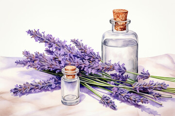Obraz na płótnie Canvas Lavender essential oil bottle and fresh lavender sprigs hyper realistically painted. Ai generated