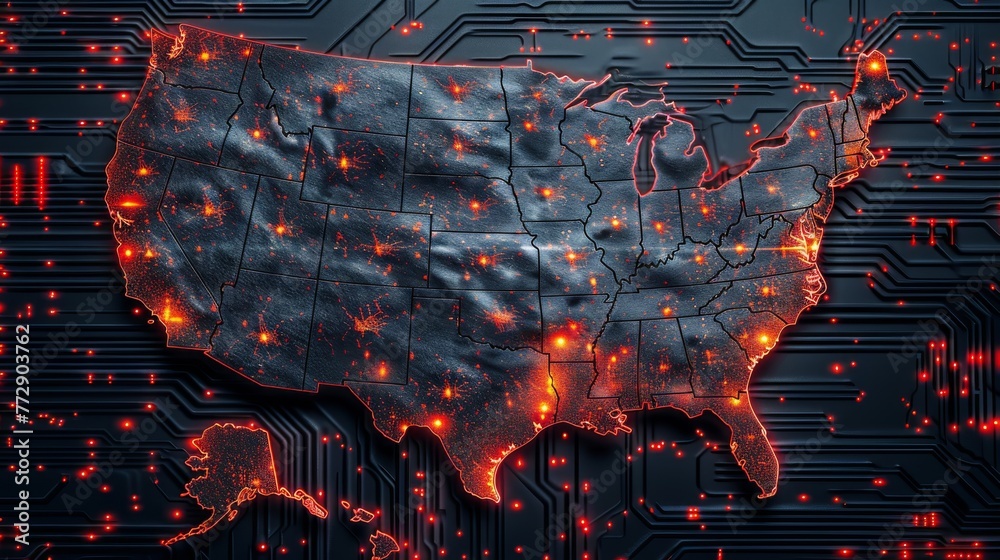 Poster The concept of microchip war, combined with a circuit board graphic showing the USA map and the China map