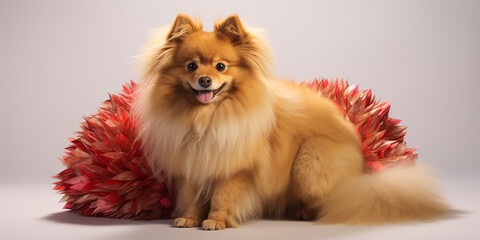 Showcasing a lifelike golden dog with vibrant multi colored fur comfortably seated on a spotless. Ai generated