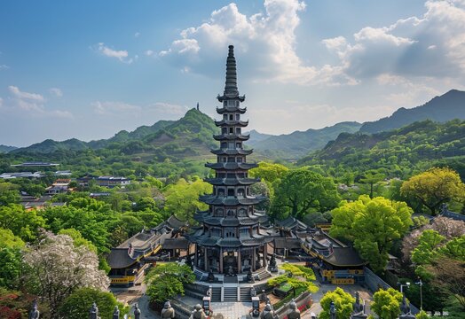 A majestic pagoda stands tall in the mountains, surrounded by lush greenery and a vibrant yellow bus, evoking a sense of adventure and exploration. Generative AI