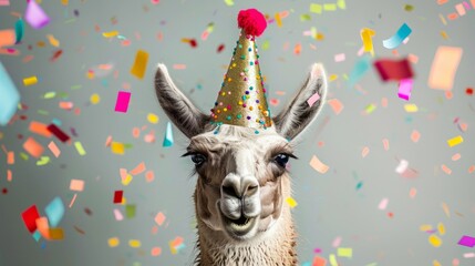 Fototapeta premium A photorealistic happy llama smiling while wearing a party hat, standing amidst colorful confetti