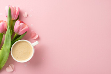 Elegant Mother's Day layout: top view shot showcasing a latte, vibrant tulips, tiny hearts, and...