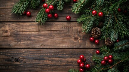 Christmas tree branch decorations on a wooden table with top view copy space