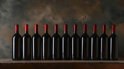 A row of red wine bottles neatly lined up on a table