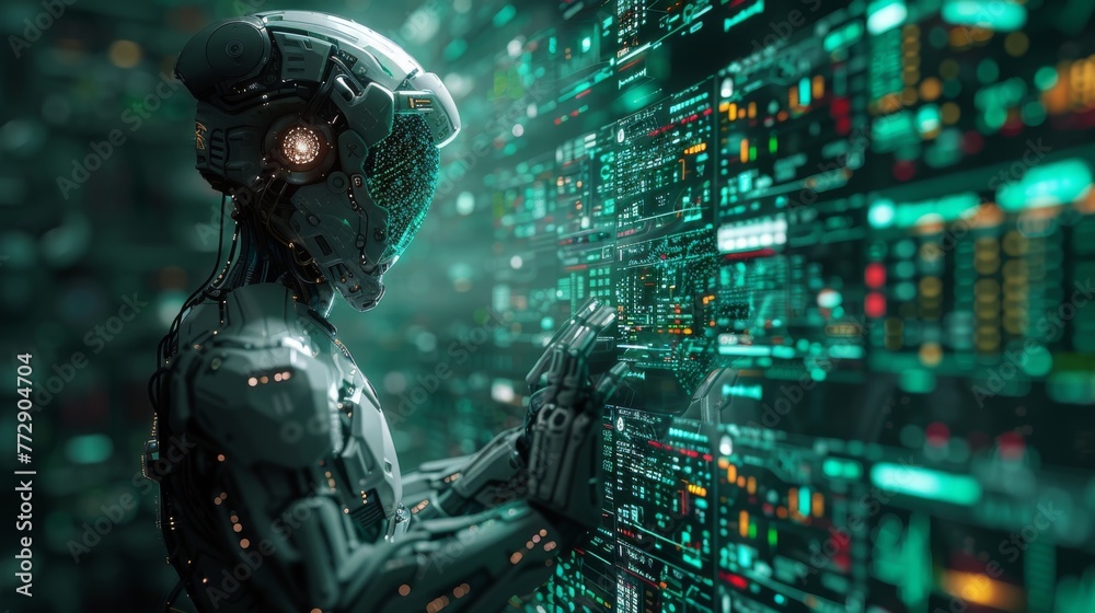 Poster Cyberpunk style graphic of a robot businessman using a fintech interface for robot trading