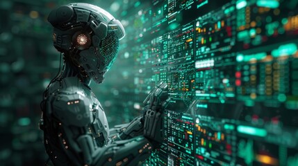 Cyberpunk style graphic of a robot businessman using a fintech interface for robot trading