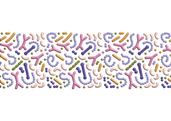 3d render Microbiome seamless border. Probiotic bacteria print with colorful lactobacillus, bifidobacteria, acidophilus. Volume biology illustration.