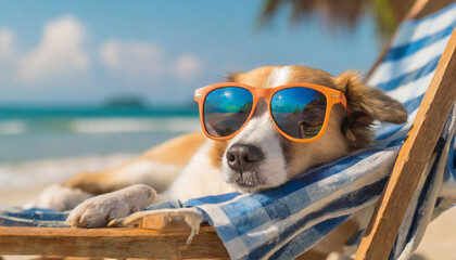 Cute Dog wearing cool glasses sleeping on a beach chair in a beautiful beach on a sunny vacation - obrazy, fototapety, plakaty