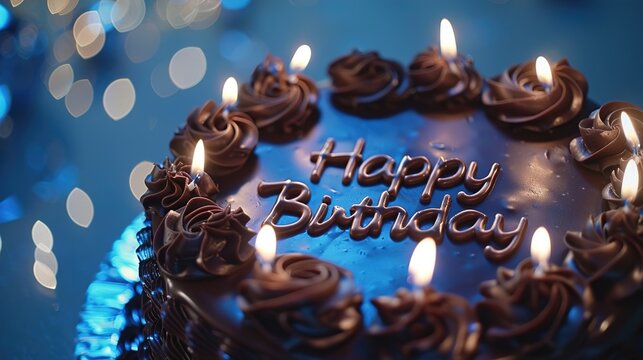 "Happy Birthday" crafted in chocolate on a cake, against a celebratory blue backdrop.