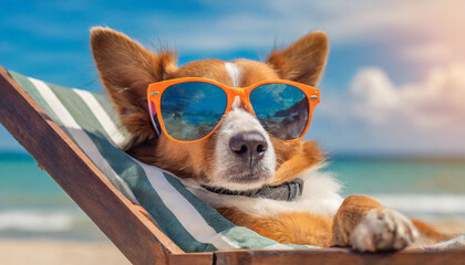 Cute Dog wearing cool glasses sleeping on a beach chair in a beautiful beach on a sunny vacation