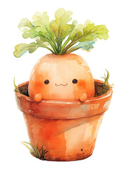 Kawaii carrot in flowerpot, watercolor illustration - 772905186
