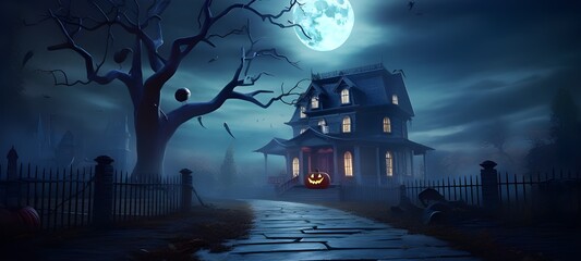 A painting of a house with the moon in the background
