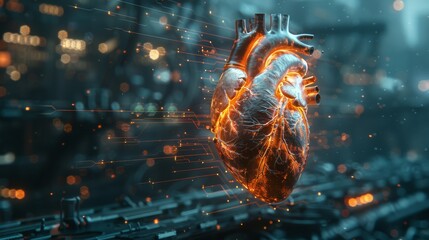 Concept for cardiology or heart scan, graphic of heart shape with futuristic interface - obrazy, fototapety, plakaty