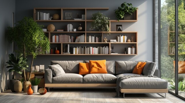 A living room with a couch, a potted plant, and a large bookshelf. The bookshelf is filled with books and a vase. The room has a cozy and inviting atmosphere