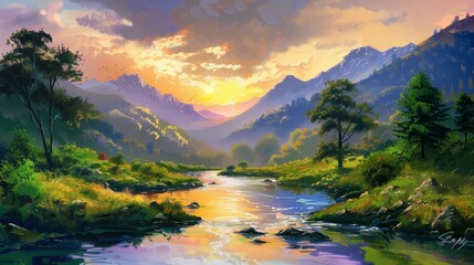 River in the mountains landscape. Oil painting. An oil painting or a river in the hills. Harsh strokes. Impressionism or realism landscape painting.
