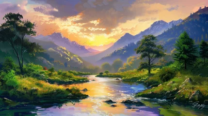 Poster River in the mountains landscape. Oil painting. An oil painting or a river in the hills. Harsh strokes. Impressionism or realism landscape painting. © Yana