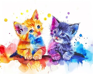 Bright watercolor cute cats, knolling sheet style, vibrant and playful, cheerful artistic expression