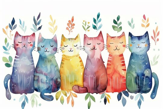 Vibrant watercolor knolling, cute cats, bright and playful, charming and delightful illustration