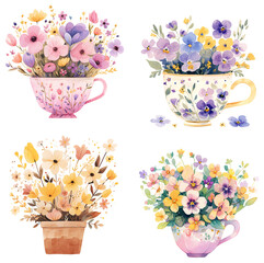 Kawaii flowers set, watercolor illustration - 772906301