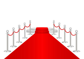 Red carpet and path barriers 3d. VIP event, luxury celebration. Gold queue rope barrier posts stands. Premiere show ceremony. Luxury entrance to vip event or celebrity party. Vector illustration.