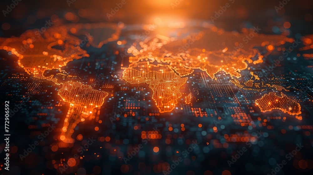 Poster Combining a world map shape with binary code, the concept represents technological advancement