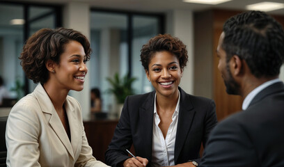 A black businesswoman t is having a cheerful conversation with customers office.  - obrazy, fototapety, plakaty