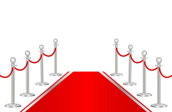 Red carpet and path barriers 3d. VIP event, luxury celebration. Gold queue rope barrier posts stands. Premiere show ceremony. Luxury entrance to vip event or celebrity party. Vector illustration.