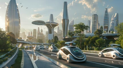 A futuristic cityscape with autonomous vehicles and AI-controlled infrastructure.