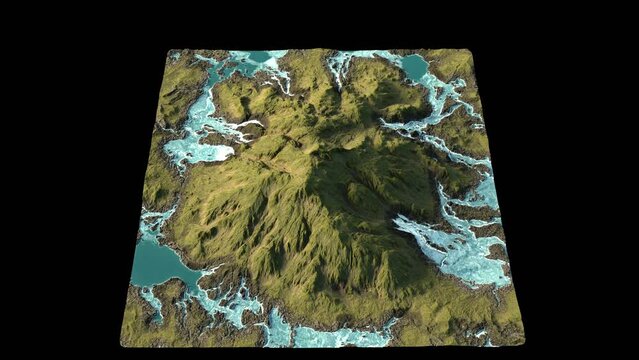 3D rendering of the terrain consists of mountains and streams. Transparent alpha channel background.