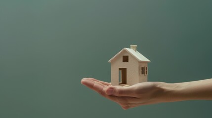 Fototapeta na wymiar A hand holding a small house model with a blank space beside it, suitable for adding text or graphics to represent real estate services or promotions. 