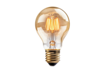 Illuminated Yellow Light Bulb. On a White or Clear Surface PNG Transparent Background..
