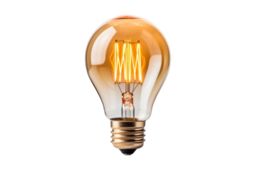 Illuminated Light Bulb With Yellow Glow. On a White or Clear Surface PNG Transparent Background..