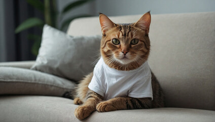 Funny cat in a white T-shirt on the sofa.