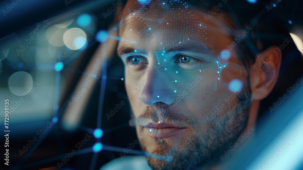 Poster Face Recognition. Biometric Facial Recognition. Face Id. Scanning of the Face of a Handsome Caucasian Man in The Car by technological means for facial recognition...