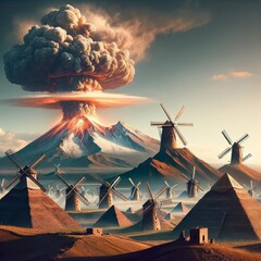 Volcanic Eruption Near Windmills and Pyramids - obrazy, fototapety, plakaty