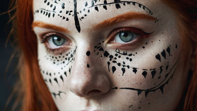 Red-haired woman model with a painted face.