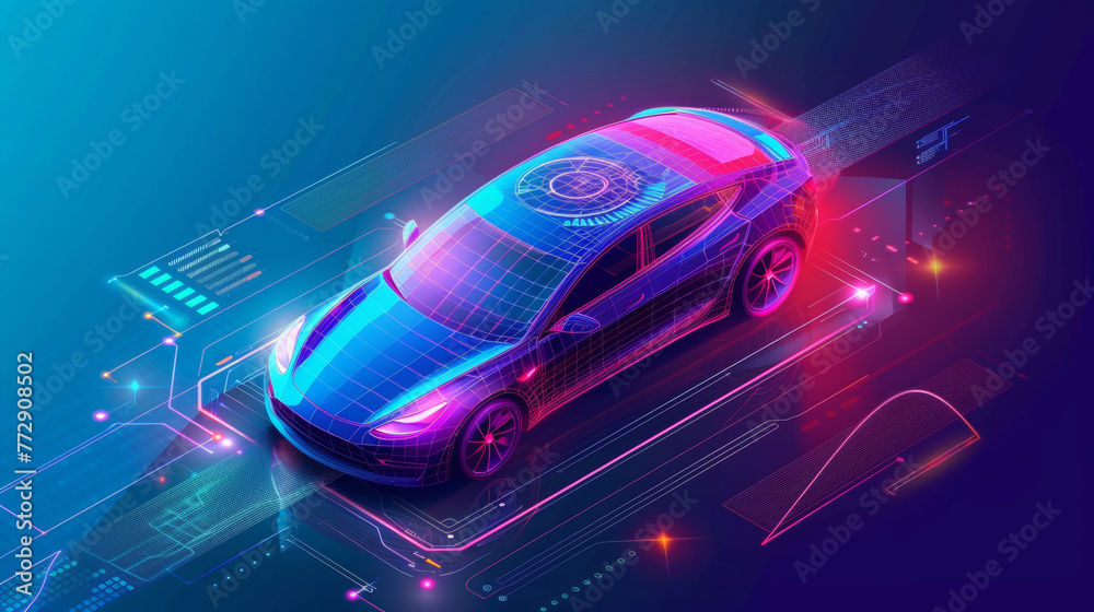 Aufkleber concept of a smart car. an isometric hologram car, with a head-up display. a low-poly hologram car w