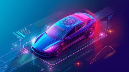 Concept of a smart car. An isometric hologram car, with a head-up display. A low-poly hologram car with dashboard speedometer, diagnostics, A futuristic car concept with high-quality technologies. (