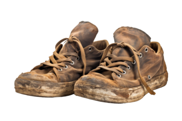 Pair of Dirty Brown Shoes on White Background. On a White or Clear Surface PNG Transparent Background..