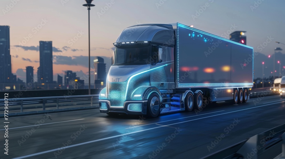 Poster autonomous self-driving lorry truck with cargo trailer drives on the road with scanning sensors. spe