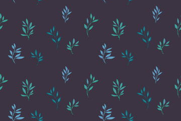Abstract tiny branches leaves seamless pattern is randomly scattered on a dark background. Minimalist green leaf stems patterned. Vector hand drawn sketch. Collage for printing, designs, fabric