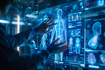 A doctor carefully examines a virtual x-ray projection with focused attention. The integration of advanced technology in medical diagnostics. Generative AI.