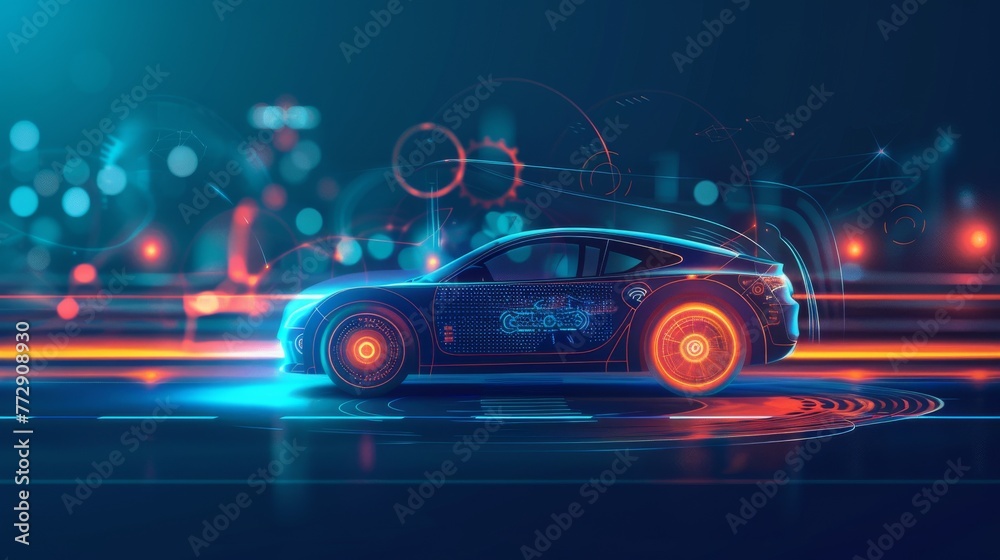 Leinwandbilder The autonomous smart car is driven by automatic wireless sensors that travel around the car, scanning the roads, observing the distance, and automatically braking.