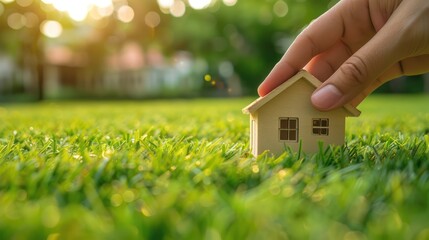 A person's hand gently placing a small house model onto a green grassy surface, suggesting eco-friendly living or sustainable housing. - obrazy, fototapety, plakaty