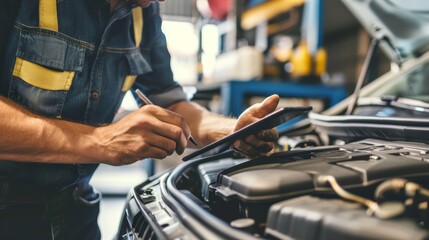 An automobile technician mechanic uses a tablet computer for maintenance and repair in a garage while repairing a car engine problem - obrazy, fototapety, plakaty