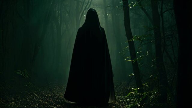 A person wearing a hooded cloak stands in the darkness of a forest, evoking an air of intrigue and secrecy, Hooded figure in the dark forest, AI Generated