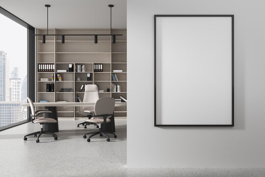 Stylish ceo interior desk with armchairs and shelf with window. Mockup frame