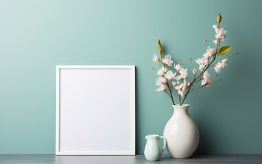 a white vase with flowers in it next to a white frame